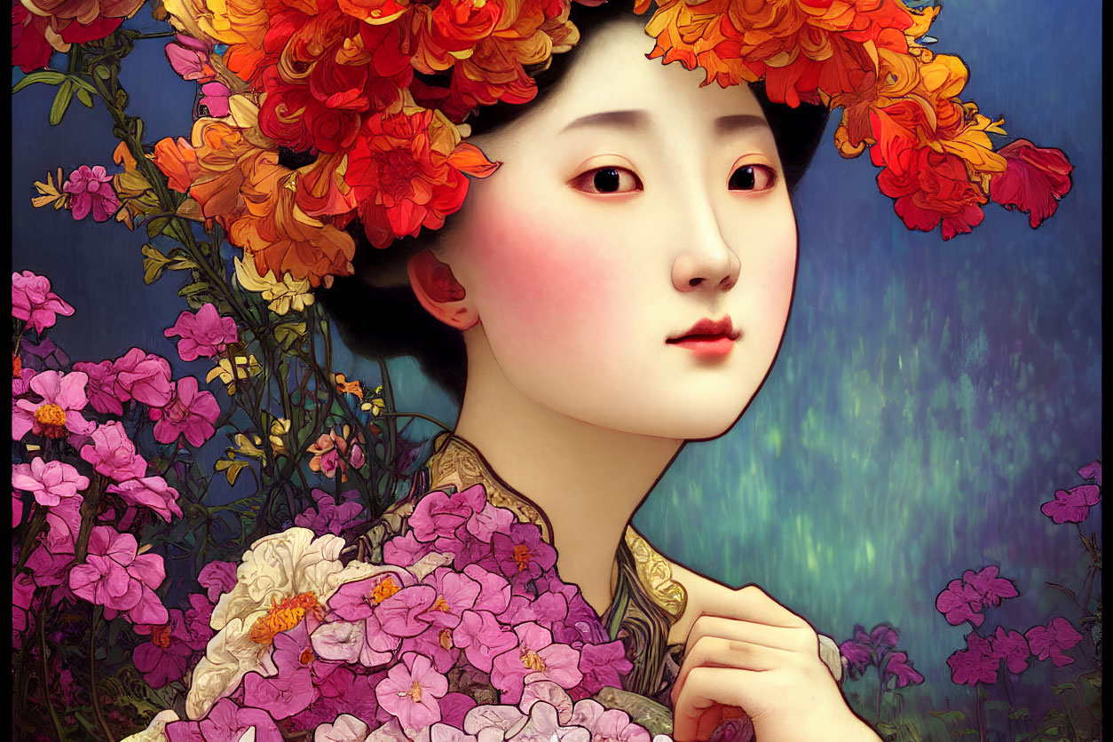 Asian woman digital art portrait with flower headdress and bouquet on blue backdrop