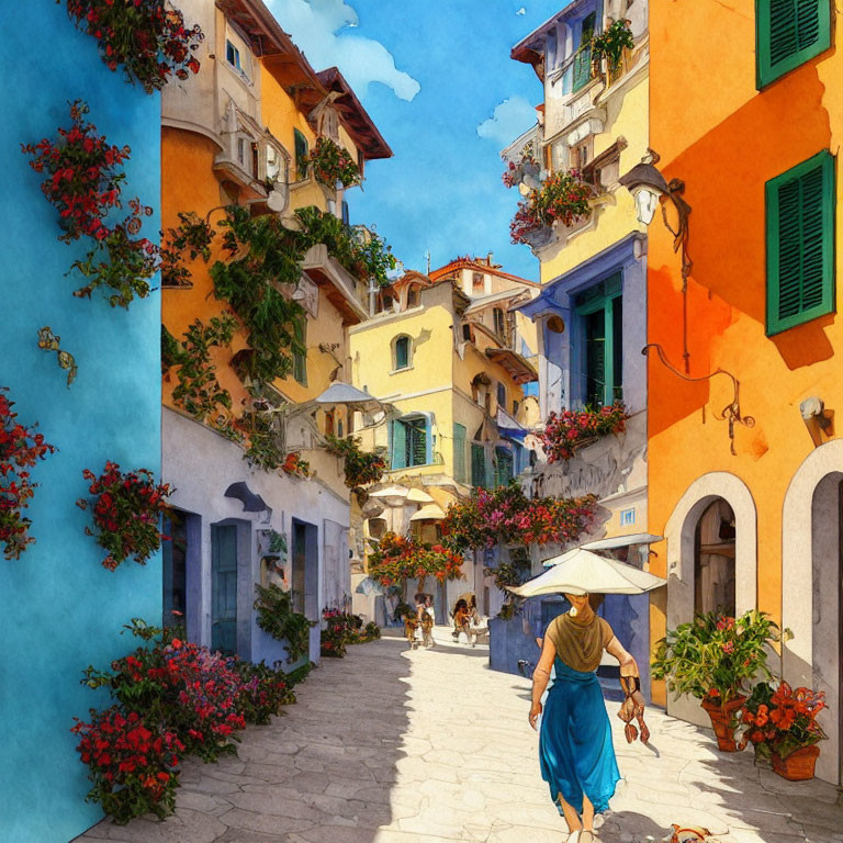 Colorful European Street with Vibrant Buildings and Blooming Flowers