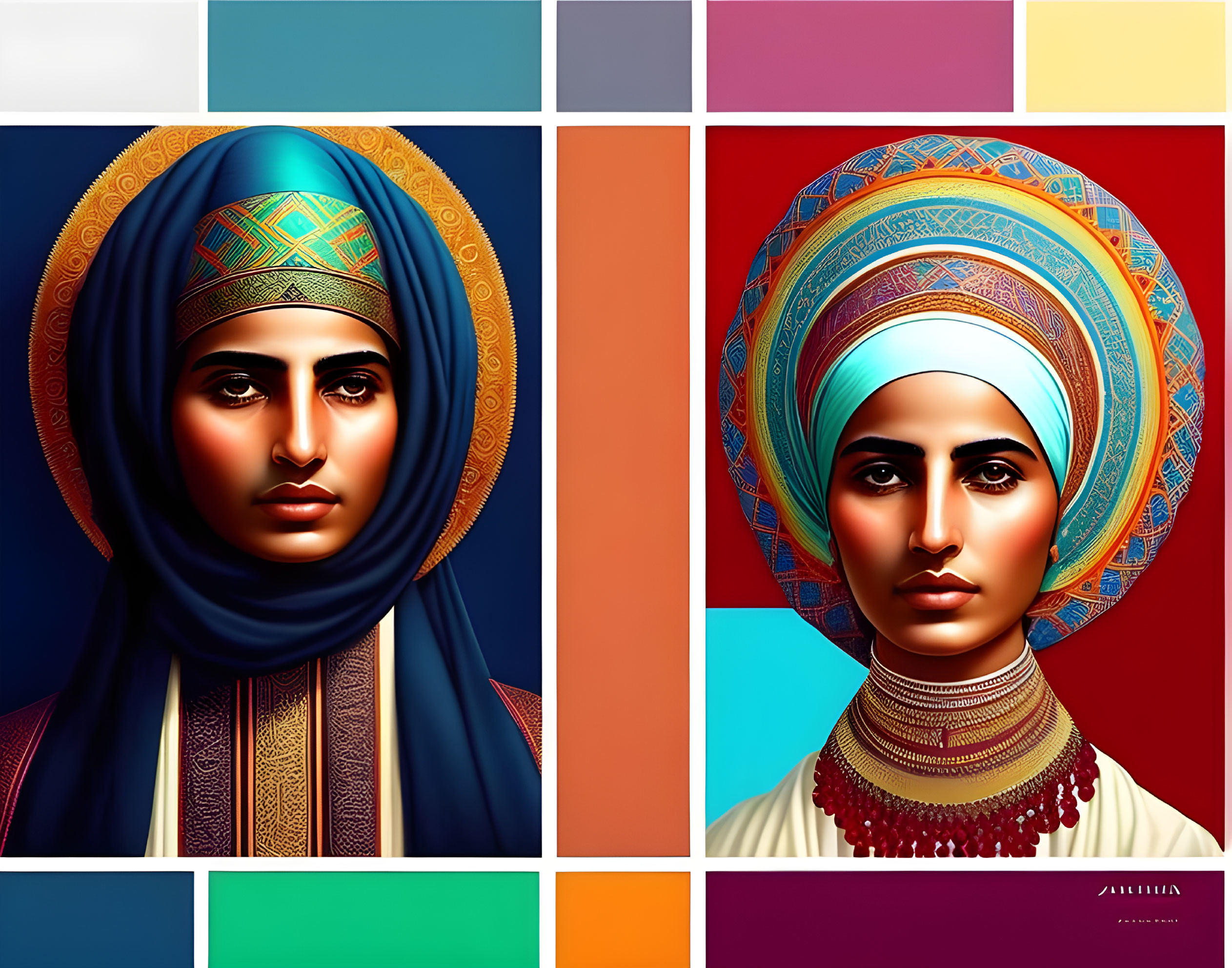 Stylized portraits of women with intricate headscarves on colorful geometric backdrop