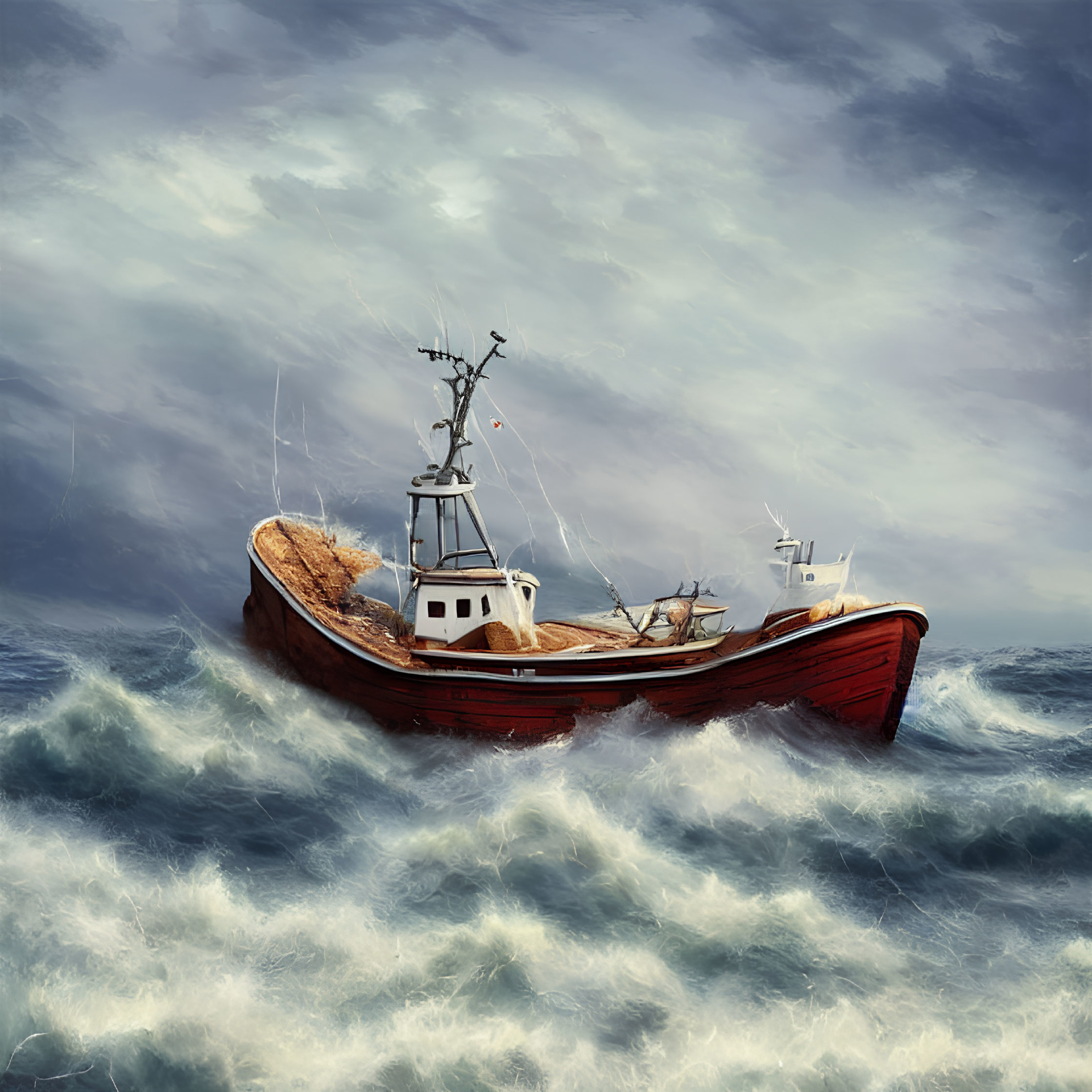 Red fishing boat battling turbulent ocean waves under stormy sky