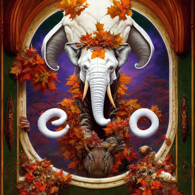 Ornate frame surrounding surreal elephant in autumn leaves on purple backdrop