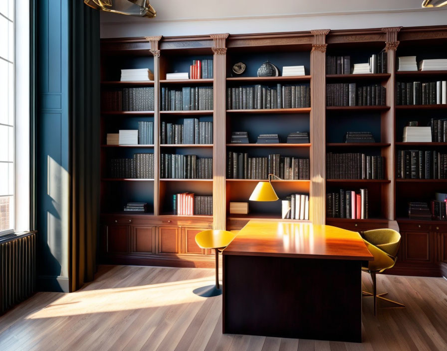 Spacious Room with Herringbone Wood Flooring and Blue Walls