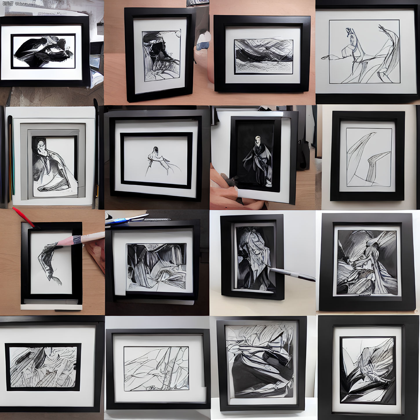 Monochrome Abstract Artworks and Sketches Collage Displayed on Surface