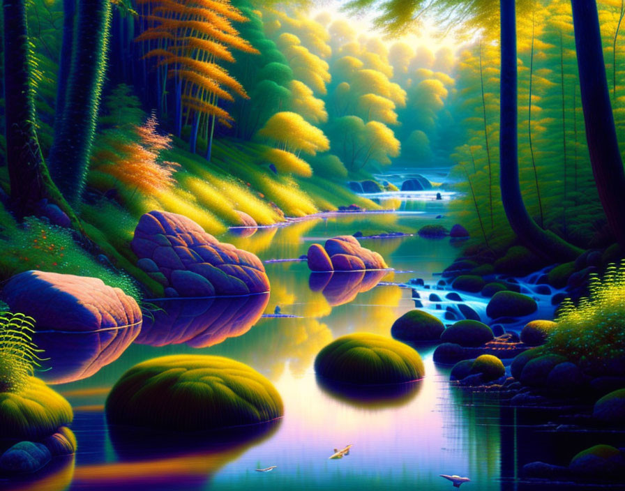 Vibrant forest scene with glowing trees, river, stones, and waterfall