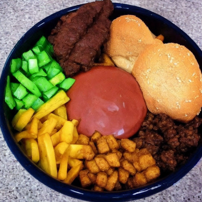 Assorted Foods in Bowl with Cucumber, Fries, Hamburger Patties, Potatoes,