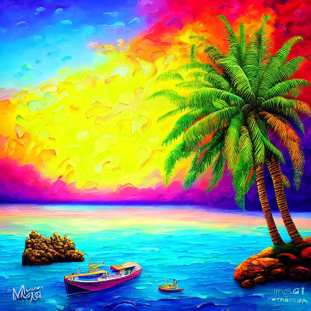 Colorful Palm Tree Painting on Tropical Shoreline with Boat and Sunset Sky