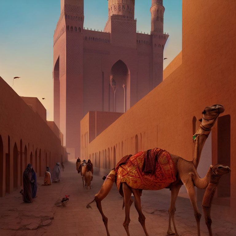 Middle Eastern street scene with people, camels, minarets, and sandy buildings