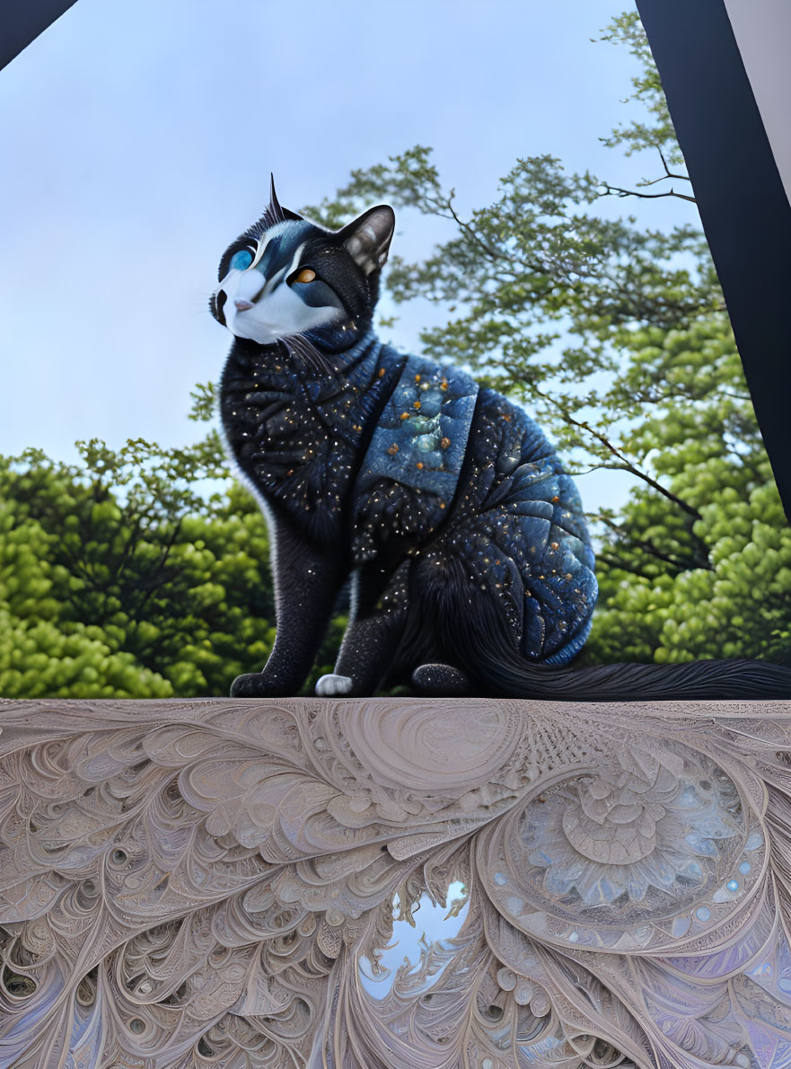 Decorated Cat Sculpture with Sparkling Embellishments on Carved Railing