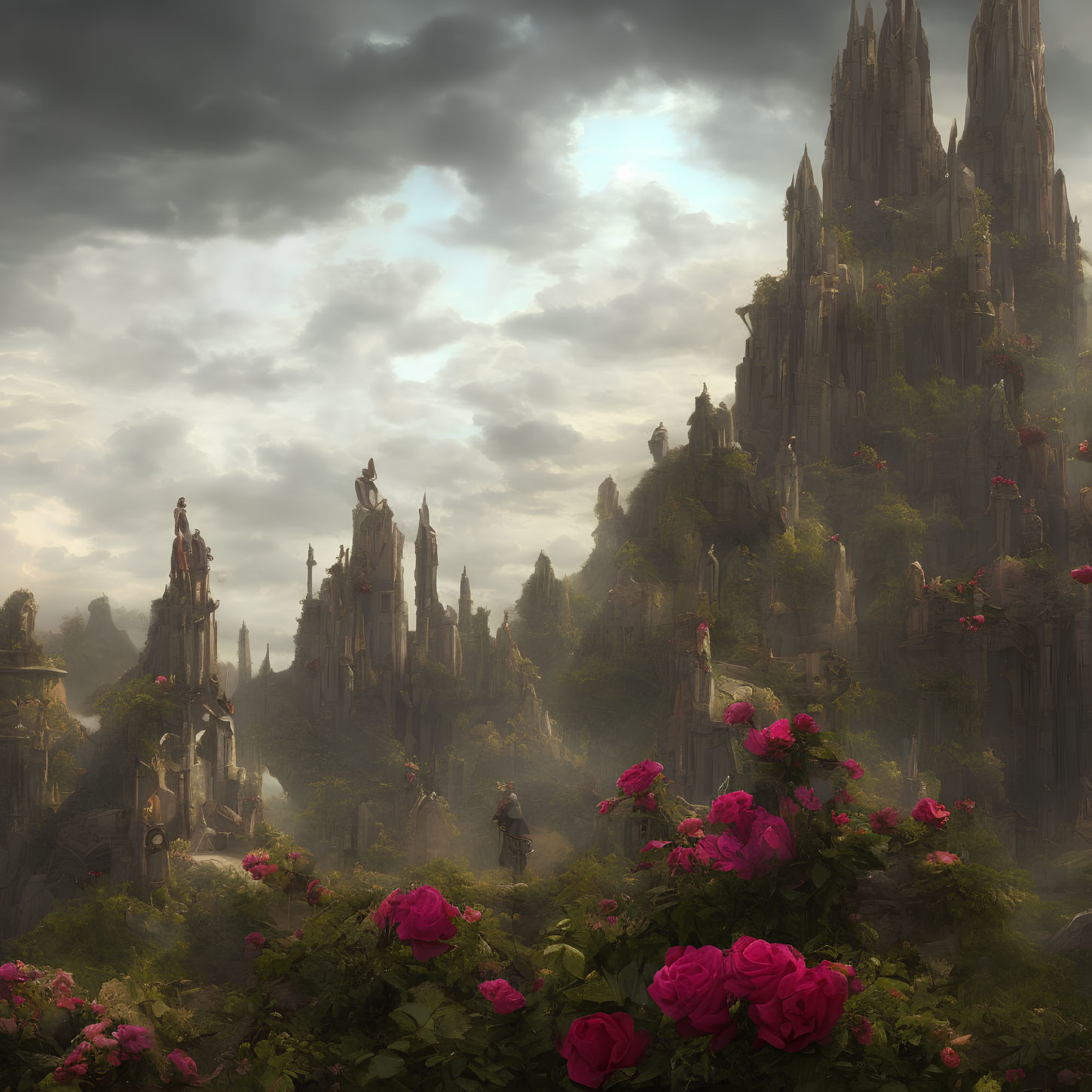 Ethereal landscape with towering spires and oversized pink roses in misty forest