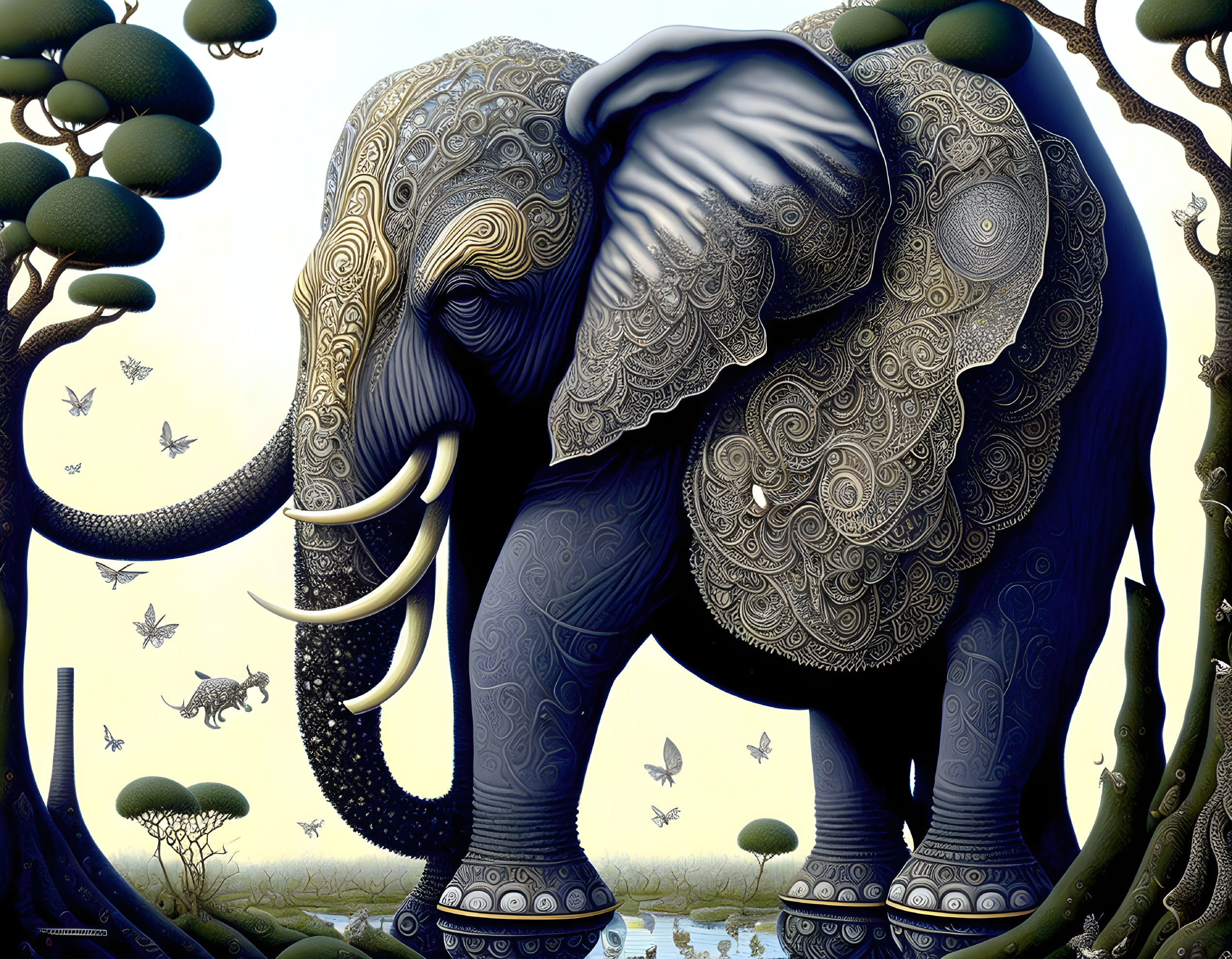 Ornate Elephant in Surreal Twilight Landscape