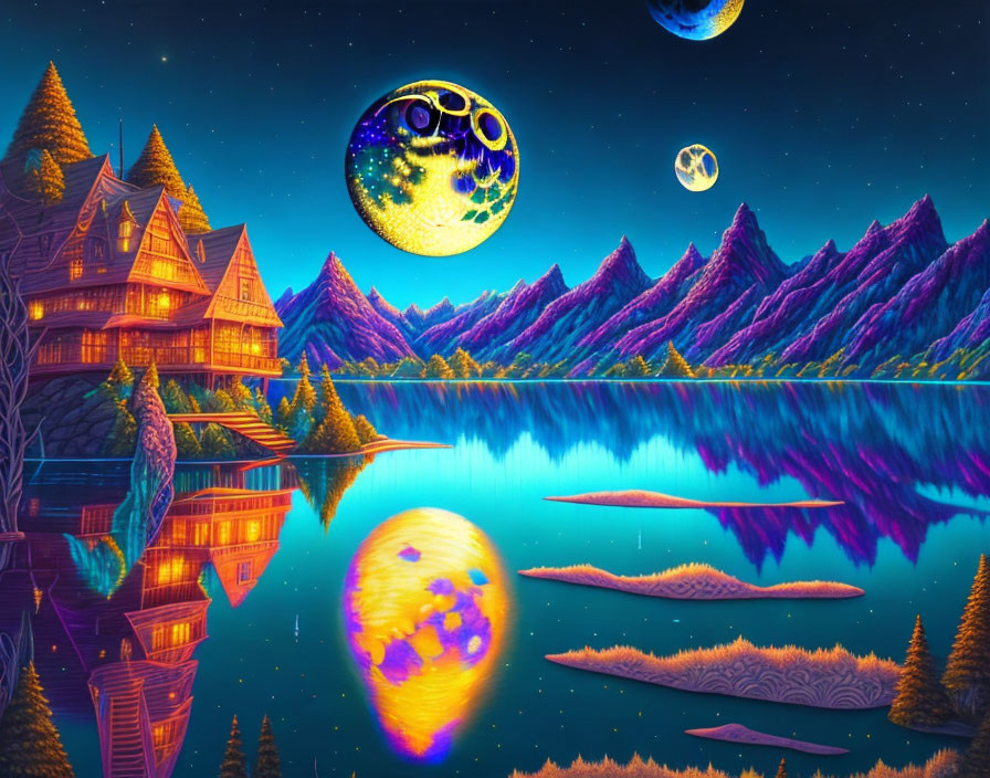 Colorful surreal landscape: Luminous planets, serene lake, mountain range