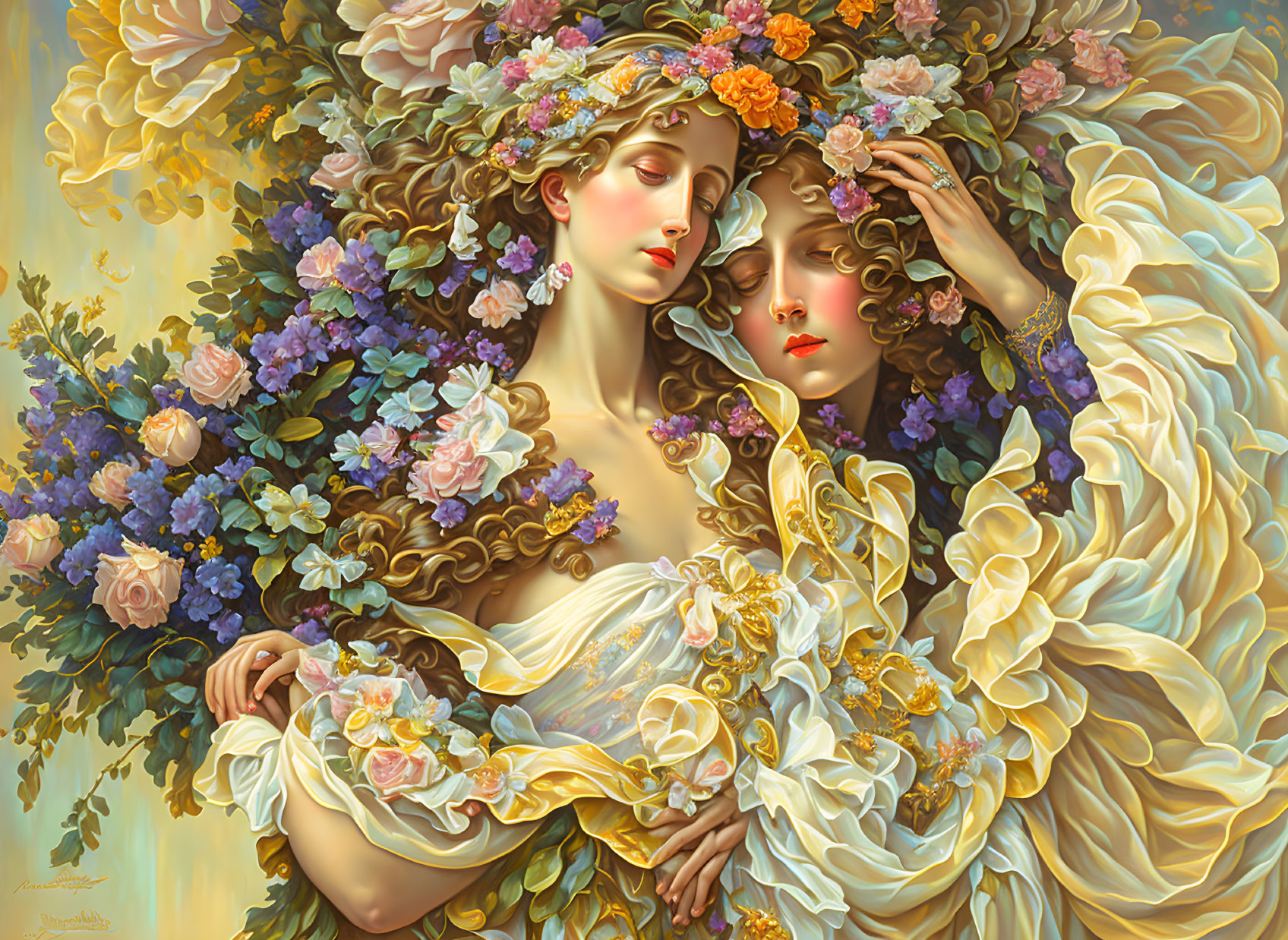 Ethereal figures in vibrant floral embrace