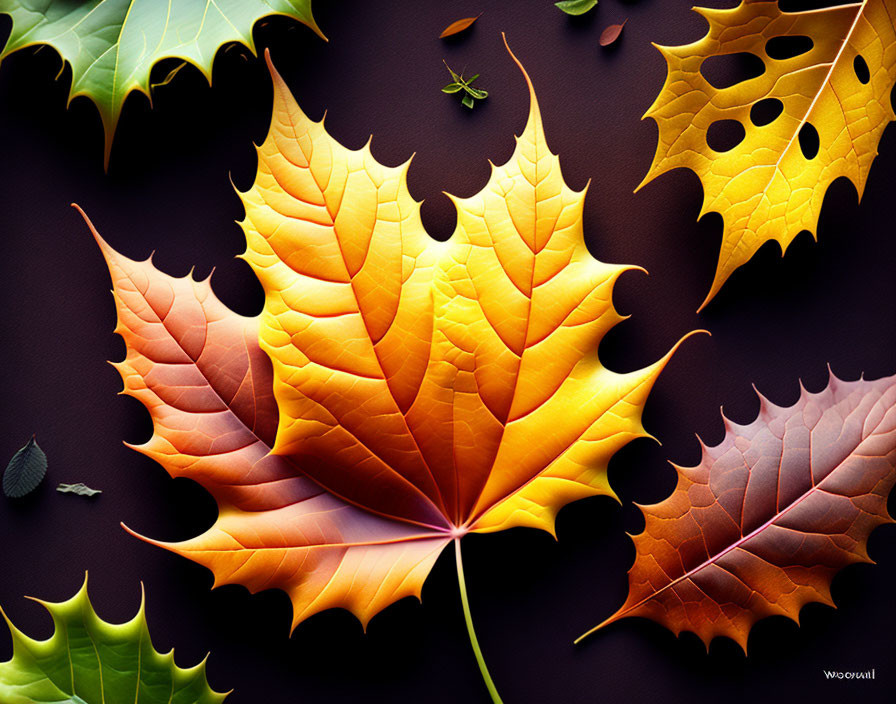 Colorful Autumn Leaves Displayed on Dark Background