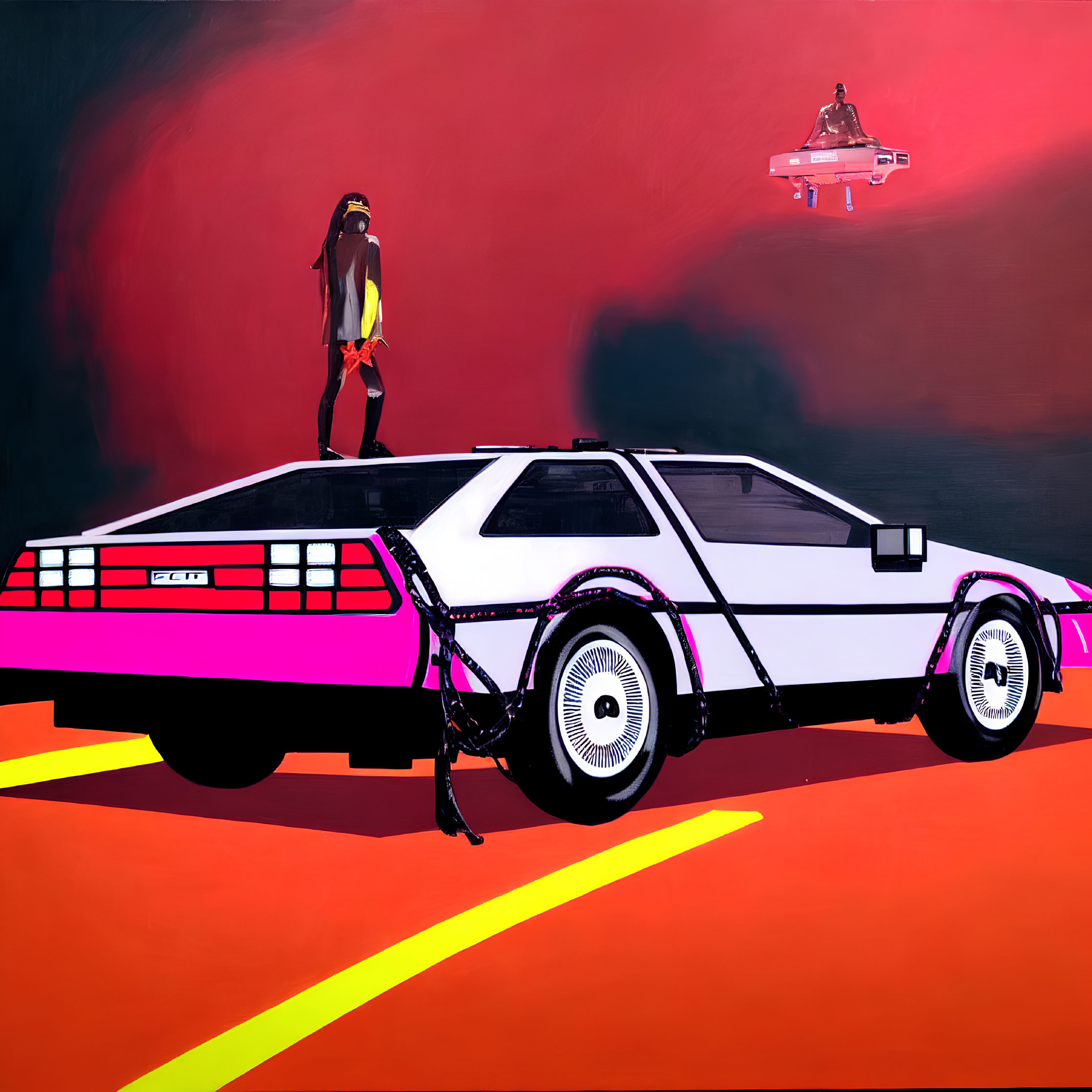 Stylized image of person on DeLorean with person on pink platform