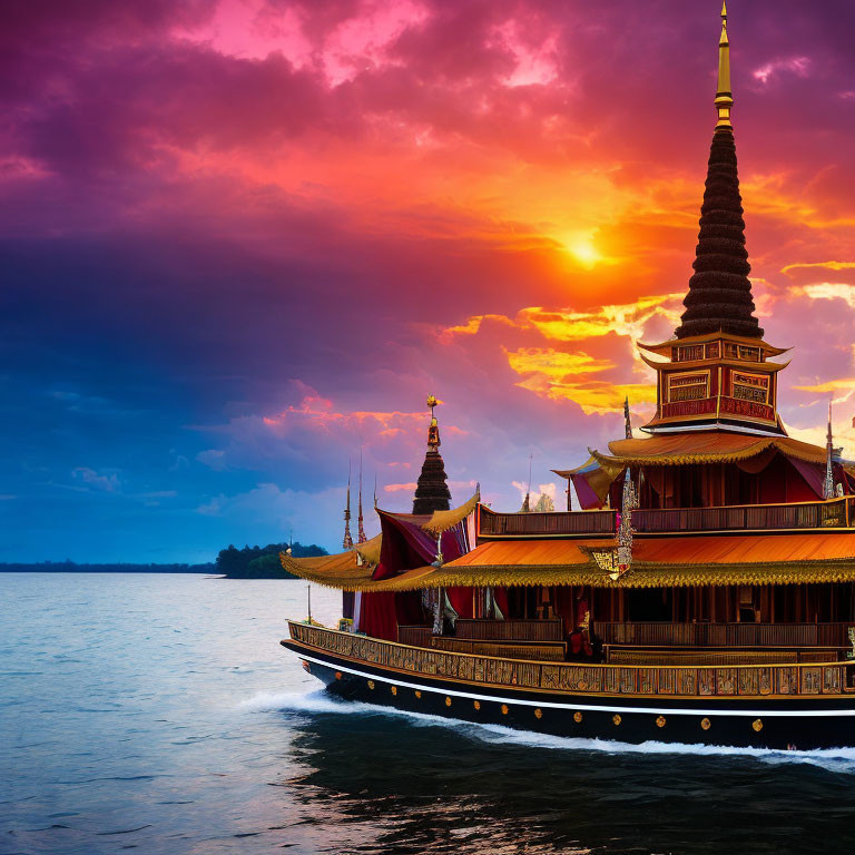 Traditional boat with pagoda-like structures under vibrant sunset sky