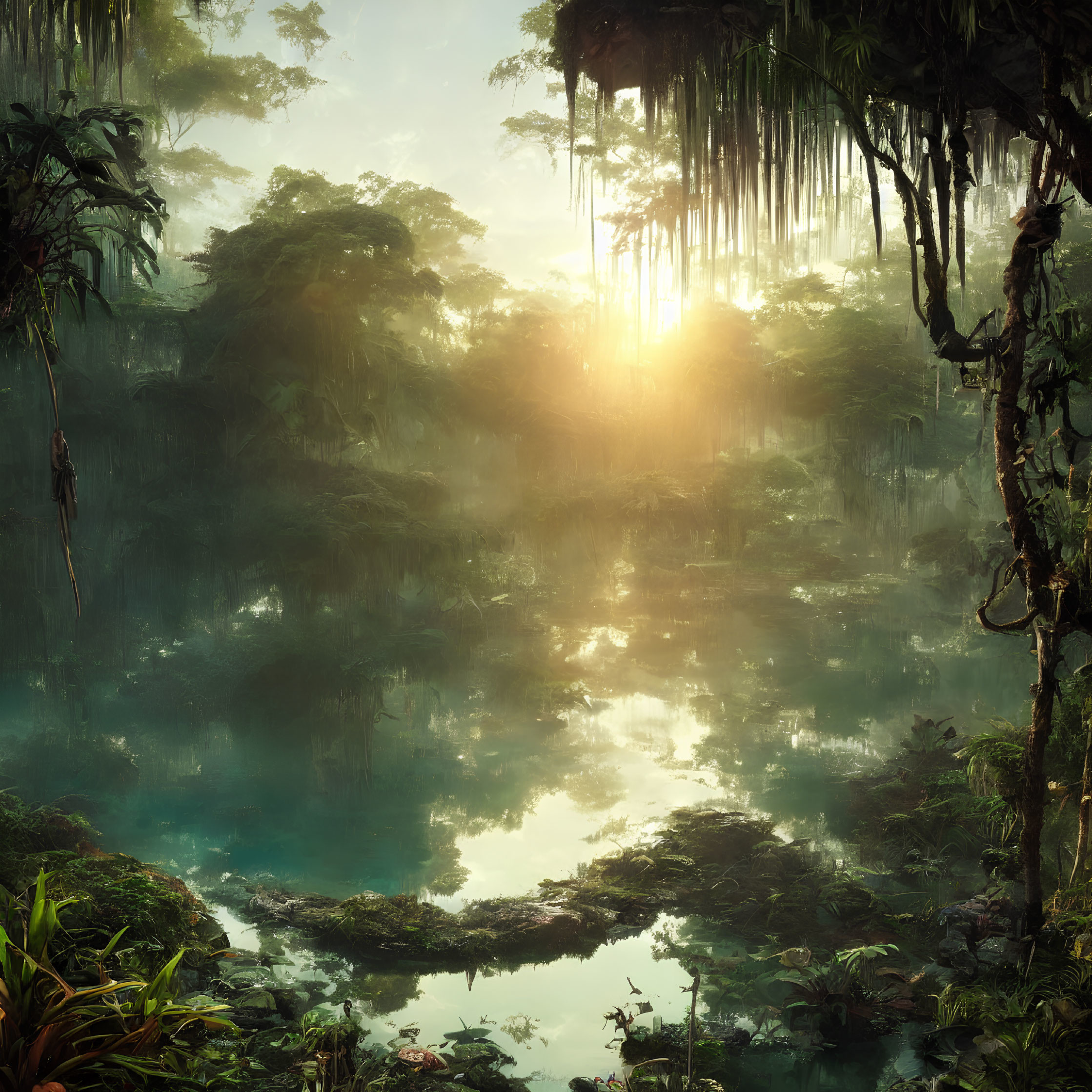 Misty forest sunrise over tranquil water surrounded by greenery