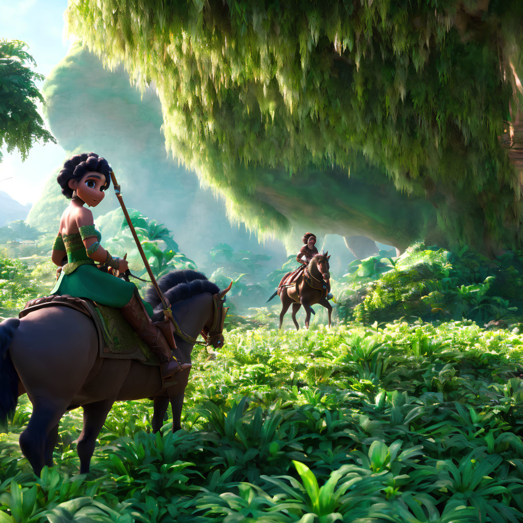 Animated characters riding horses in lush forest with sunlight filtering.