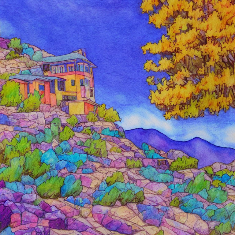 Colorful Watercolor Painting of House on Rocky Hillside