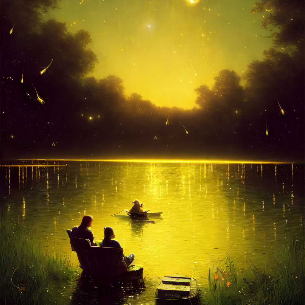 Nighttime scene: Two people in a boat on a calm lake surrounded by glowing fireflies and shining