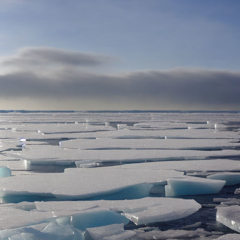 Ice sheets floating on calm sea under cloudy sky with blurred horizon