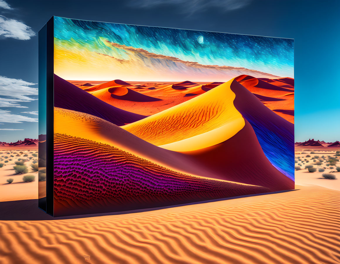 Surreal desert dunes with tilted frame under twilight sky