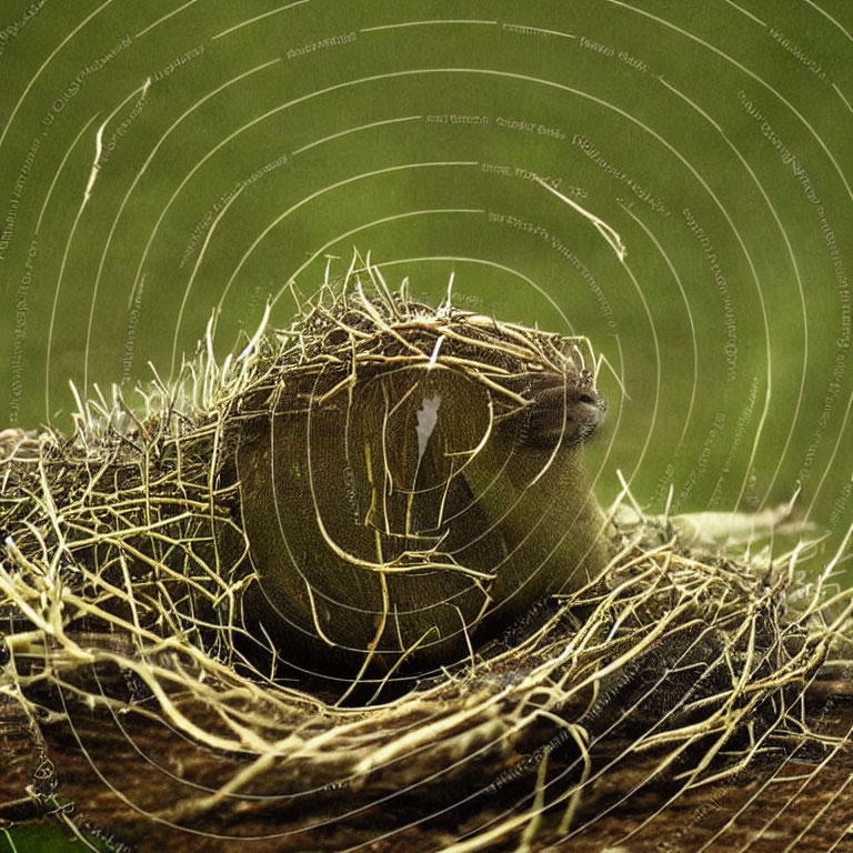 Intricately woven bird nest with swirling watermark.