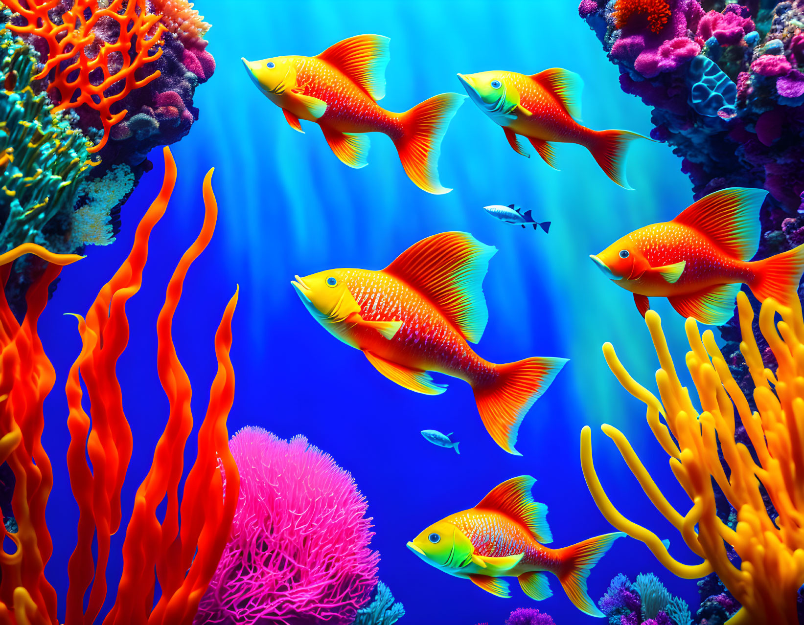 Colorful Underwater Scene with Orange Fish and Coral Reefs