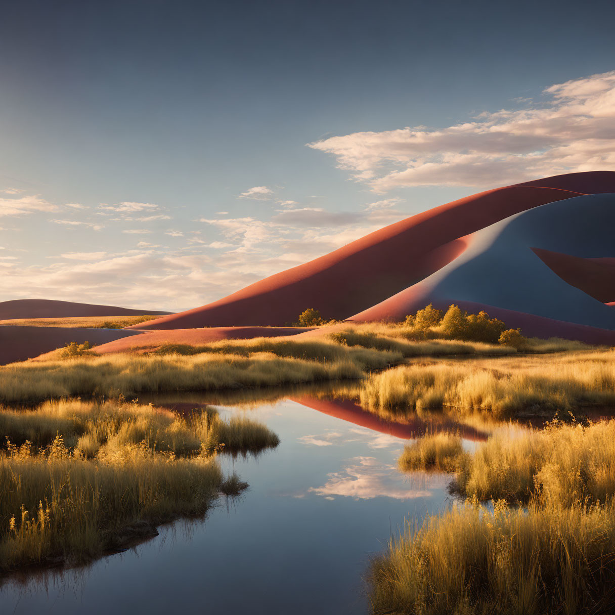 Tranquil desert landscape with red sand dunes, water, and green vegetation