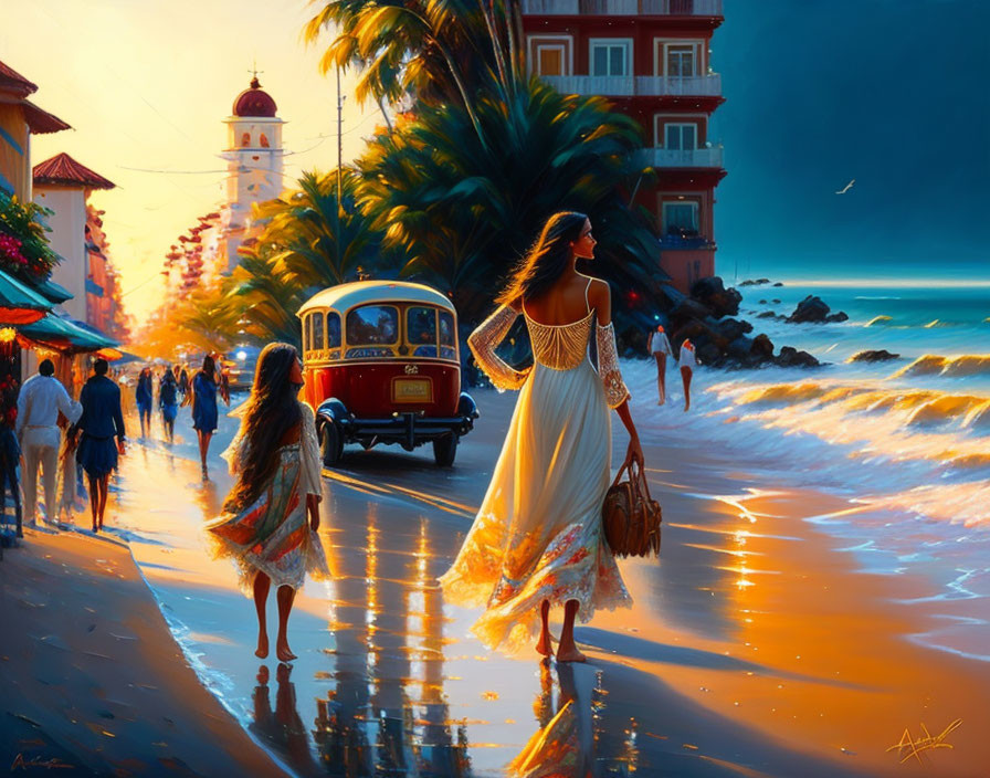 Sunlit beach scene with woman, vintage bus, and buildings at sunset