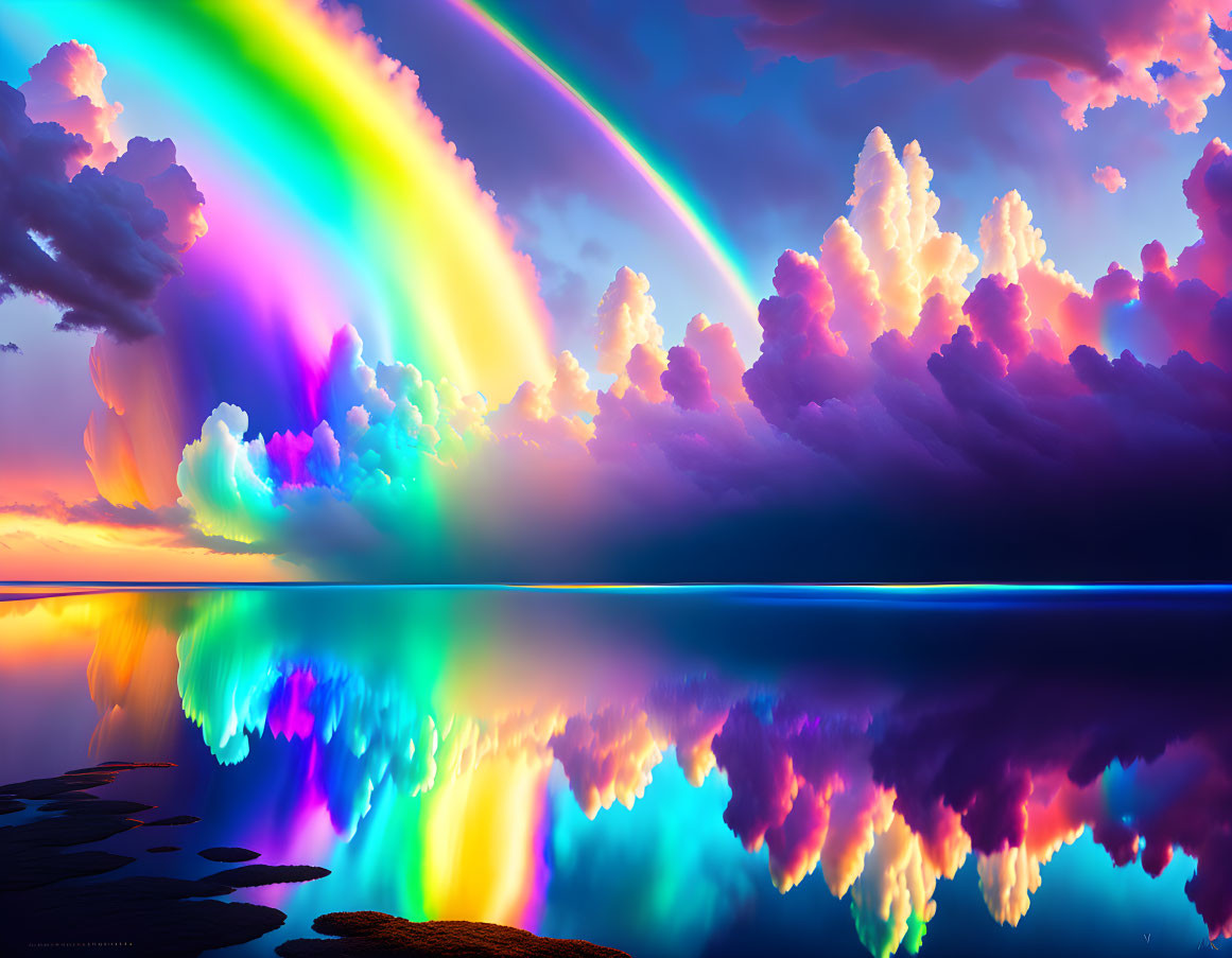 Surreal rainbow landscape reflected in serene lake