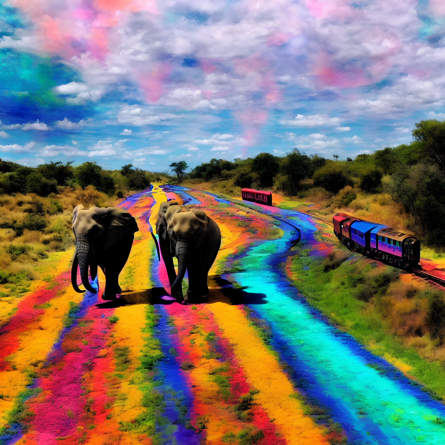 Vibrantly colored rainbow path with two elephants and whimsical train under dynamic sky