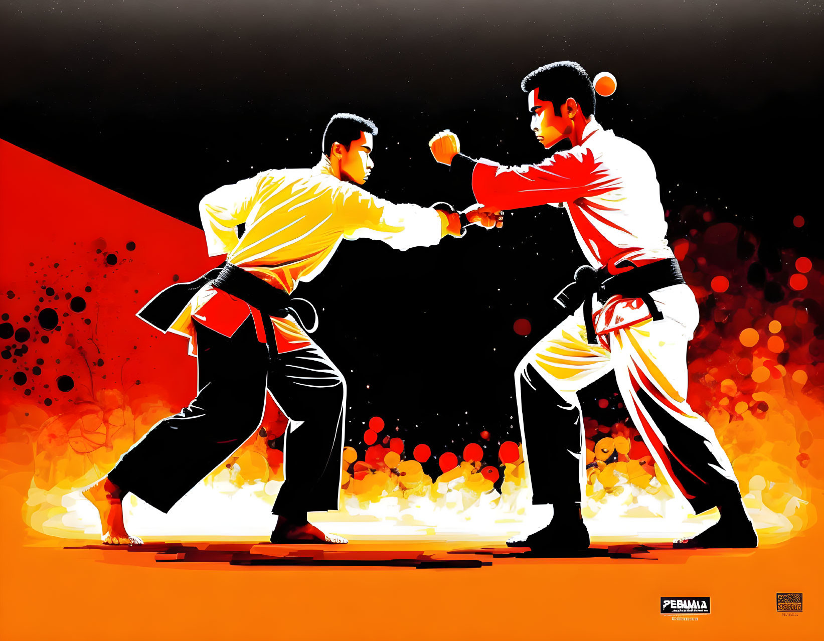 Karategi-clad martial artists spar on vibrant red and orange background