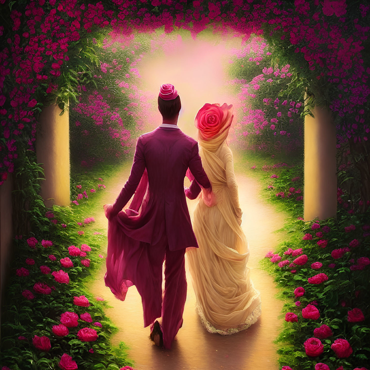 Couple Walking on Flower-Lined Path with Magical Aura