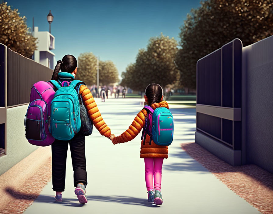 Children walking down tree-lined street holding hands with backpacks.