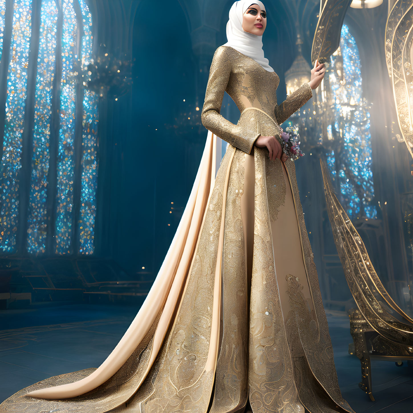 Woman in golden dress and hijab with flowers in grand cathedral