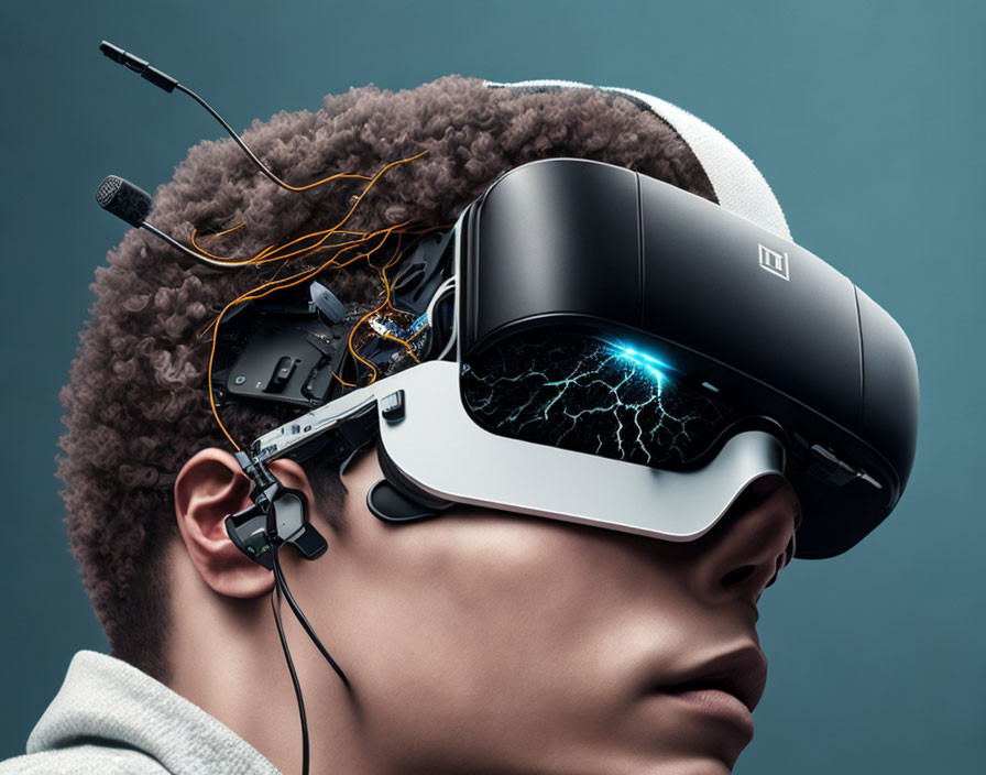 Person with exposed VR headset and integrated electronics symbolizing human-tech fusion