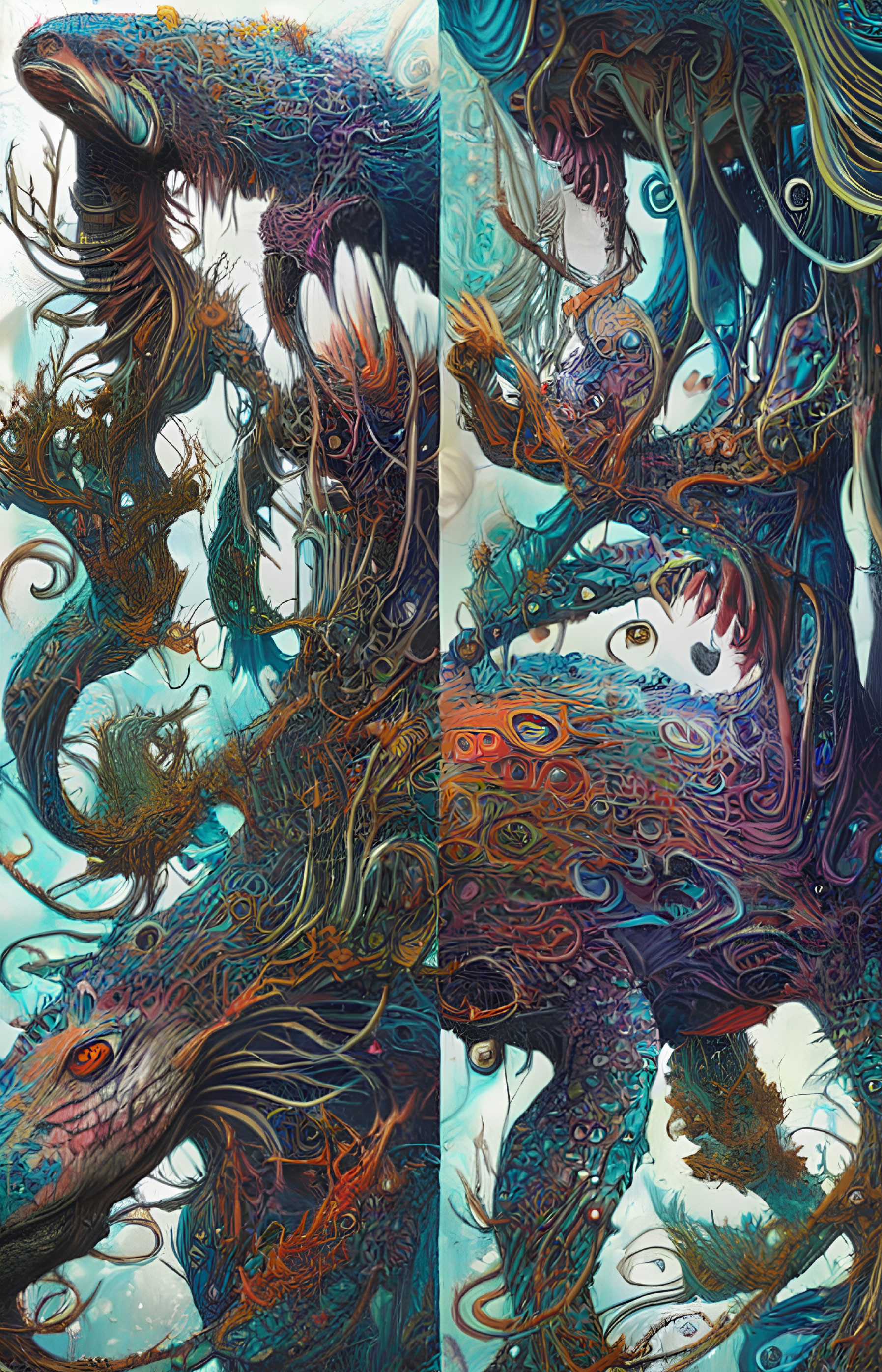 Symmetrical Artwork with Dragon-Like Creature and Organic Shapes