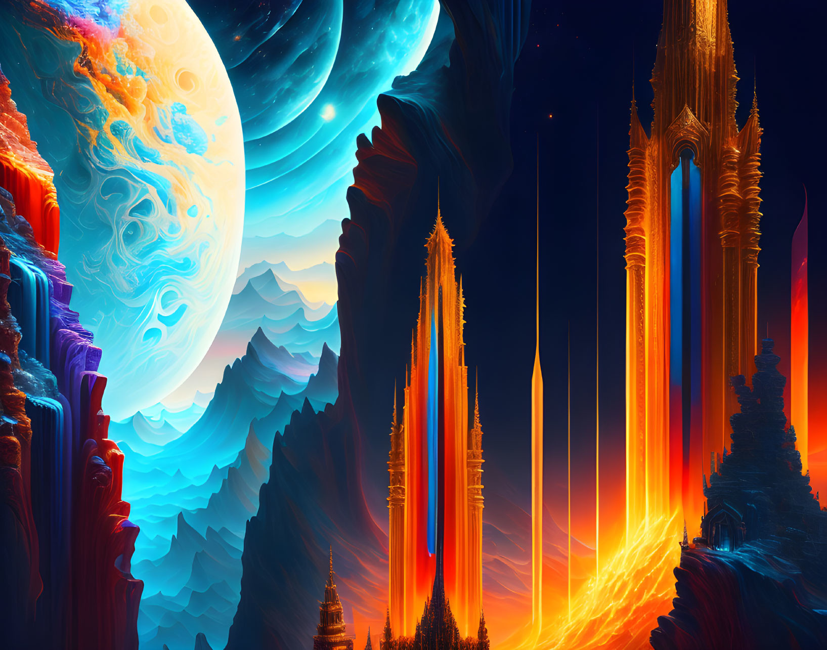 Colorful alien landscape with towering spires, large moon, and swirling sky.