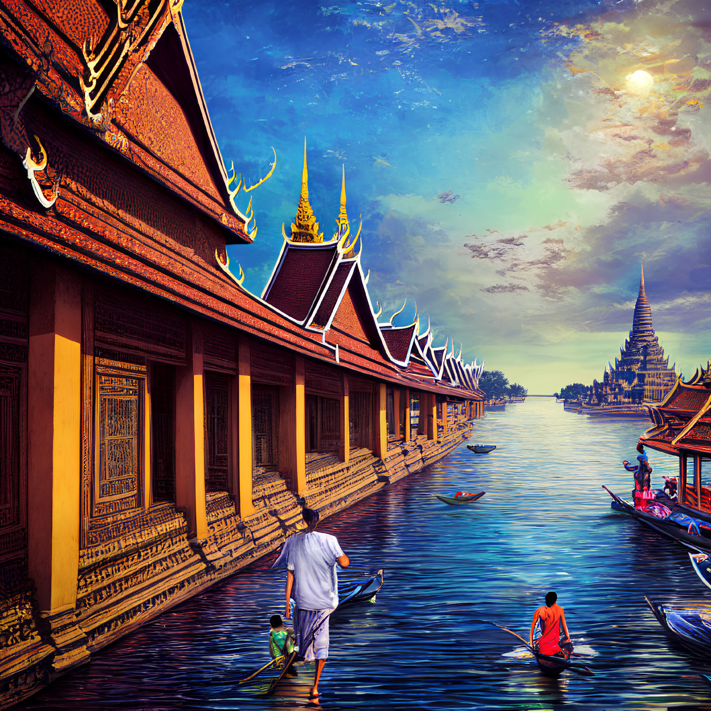 Traditional Thai architecture by river with ornate roofs and boats under vibrant sky