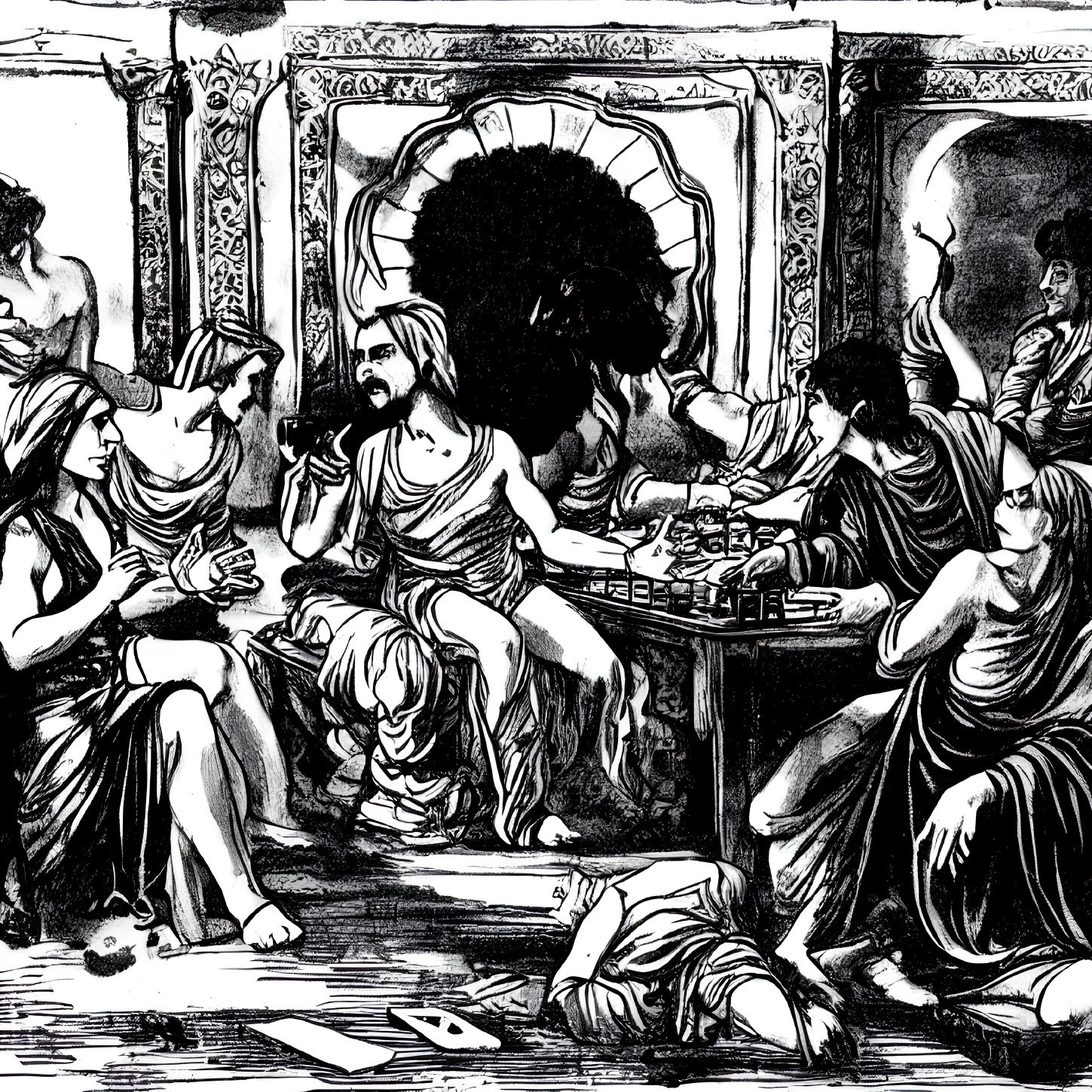 Monochrome illustration of ancient gathering with classical attire, conversation, eating, and drinking