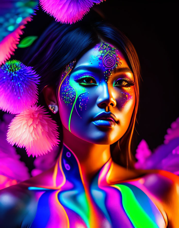 Colorful Neon Face Paint Woman Surrounded by Flowers under Black Light