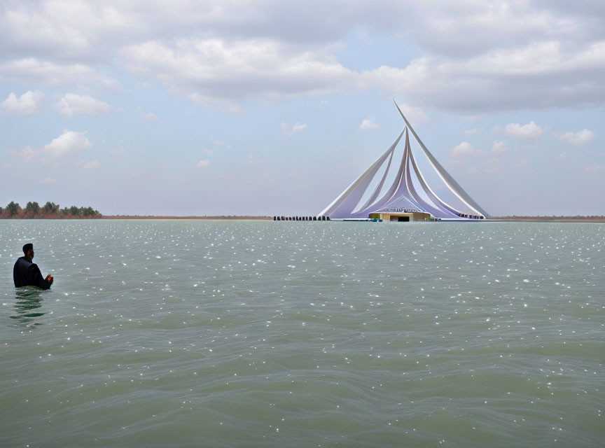 Man gazes at modern white tent on lake under cloudy sky