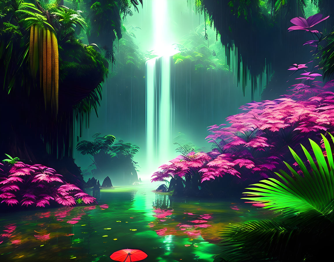 Colorful digital artwork: Mystical jungle with waterfall, pink foliage, pond, red umbrella.