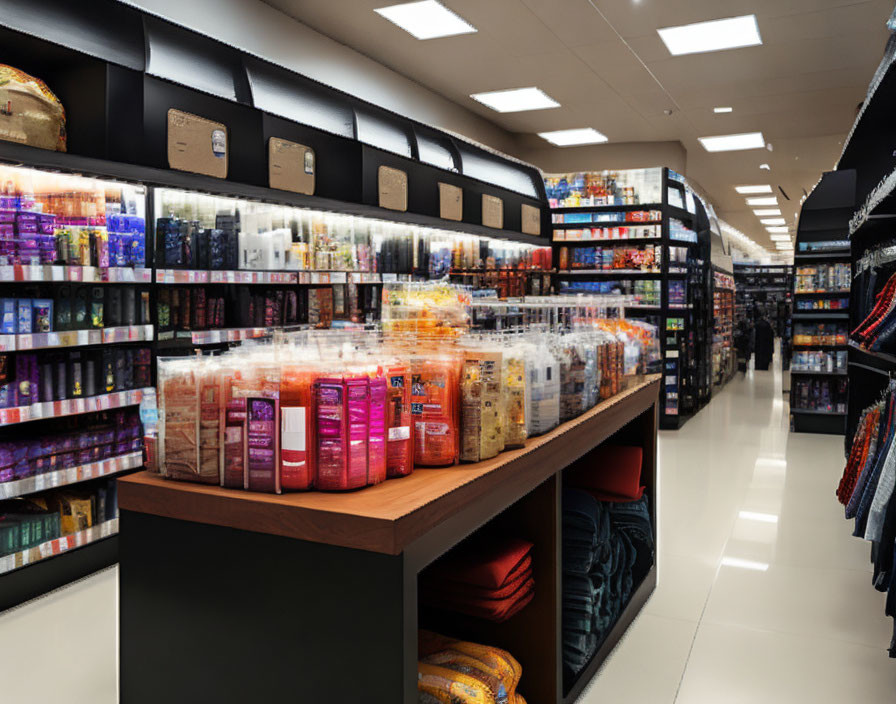 Well-organized retail store with stocked shelves of various products, including cosmetic and personal care items