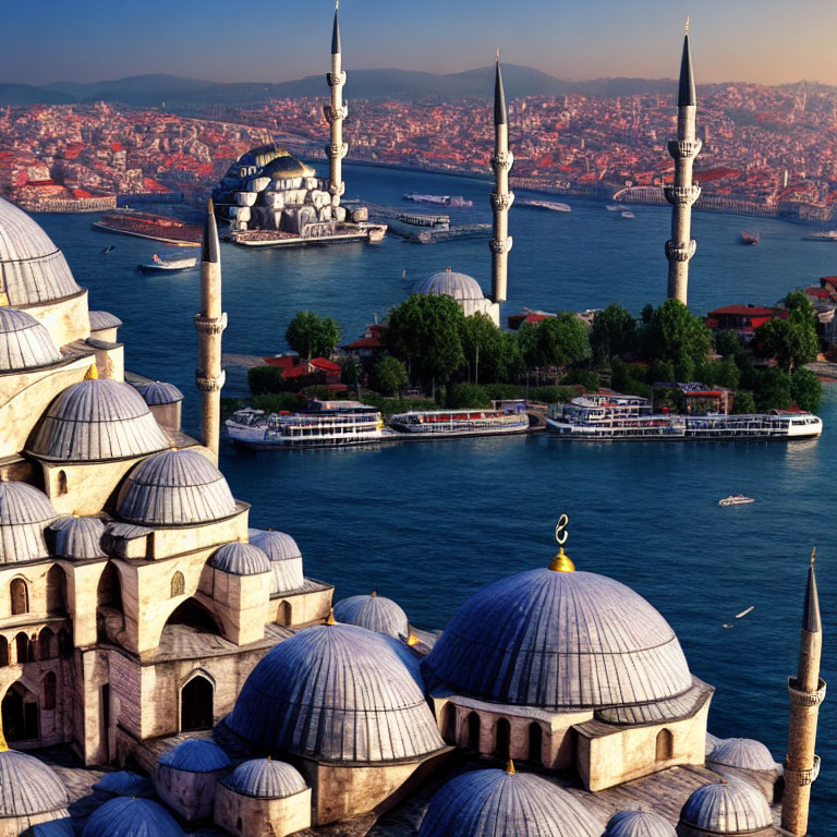 Historic Mosques and Bosphorus in Aerial Istanbul View