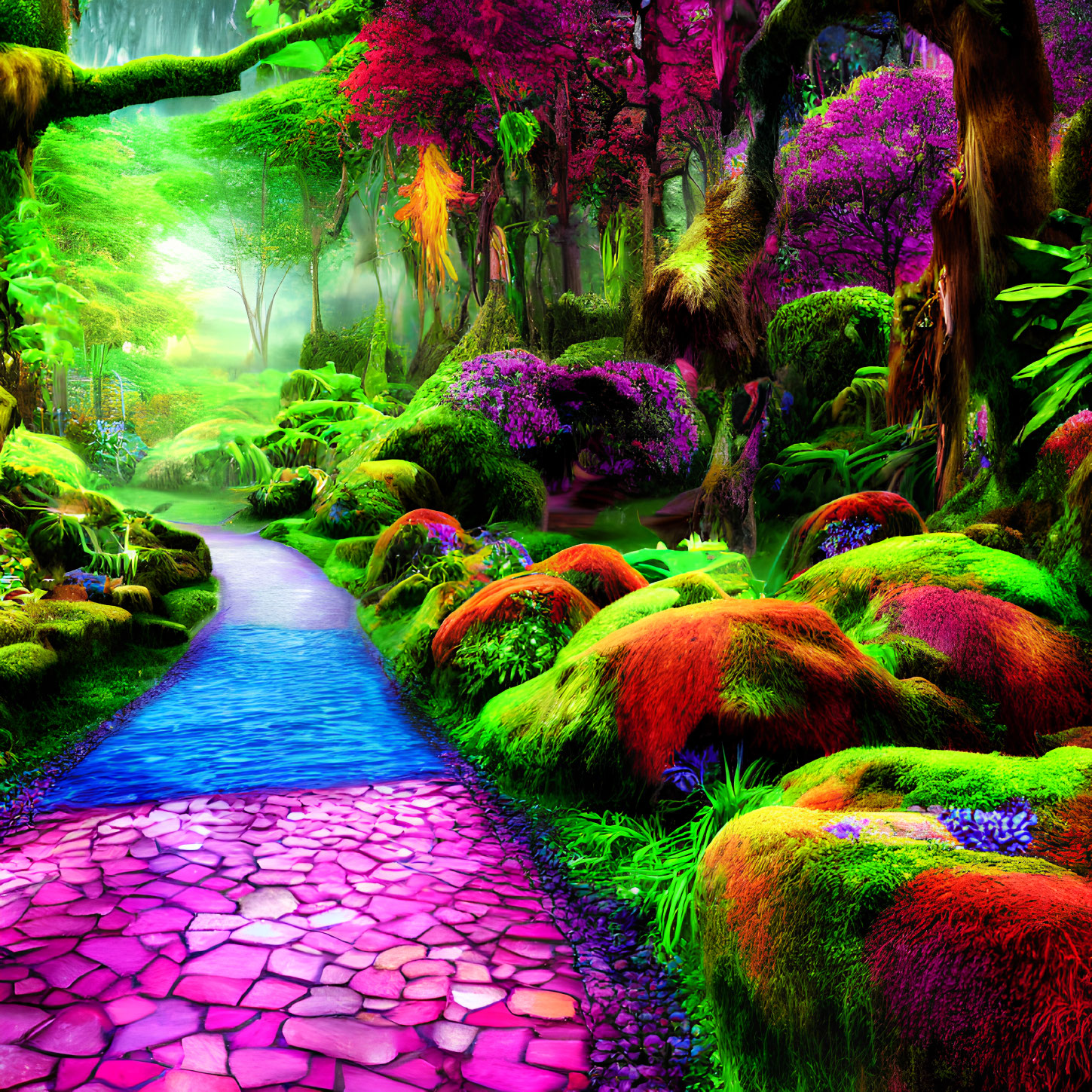 Colorful Fantasy Landscape with Cobblestone Path, Stream, and Ethereal Lighting