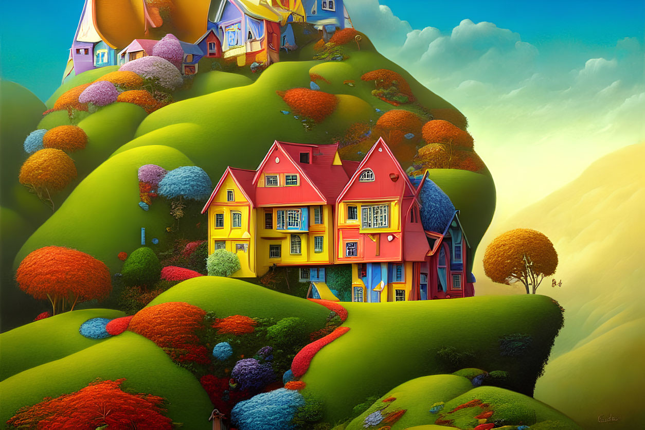 Vibrant storybook houses on rolling hills in whimsical landscape