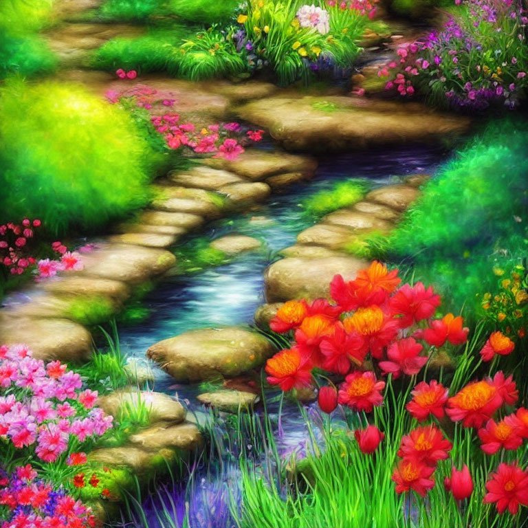 Lush garden with stone path and blooming flowers