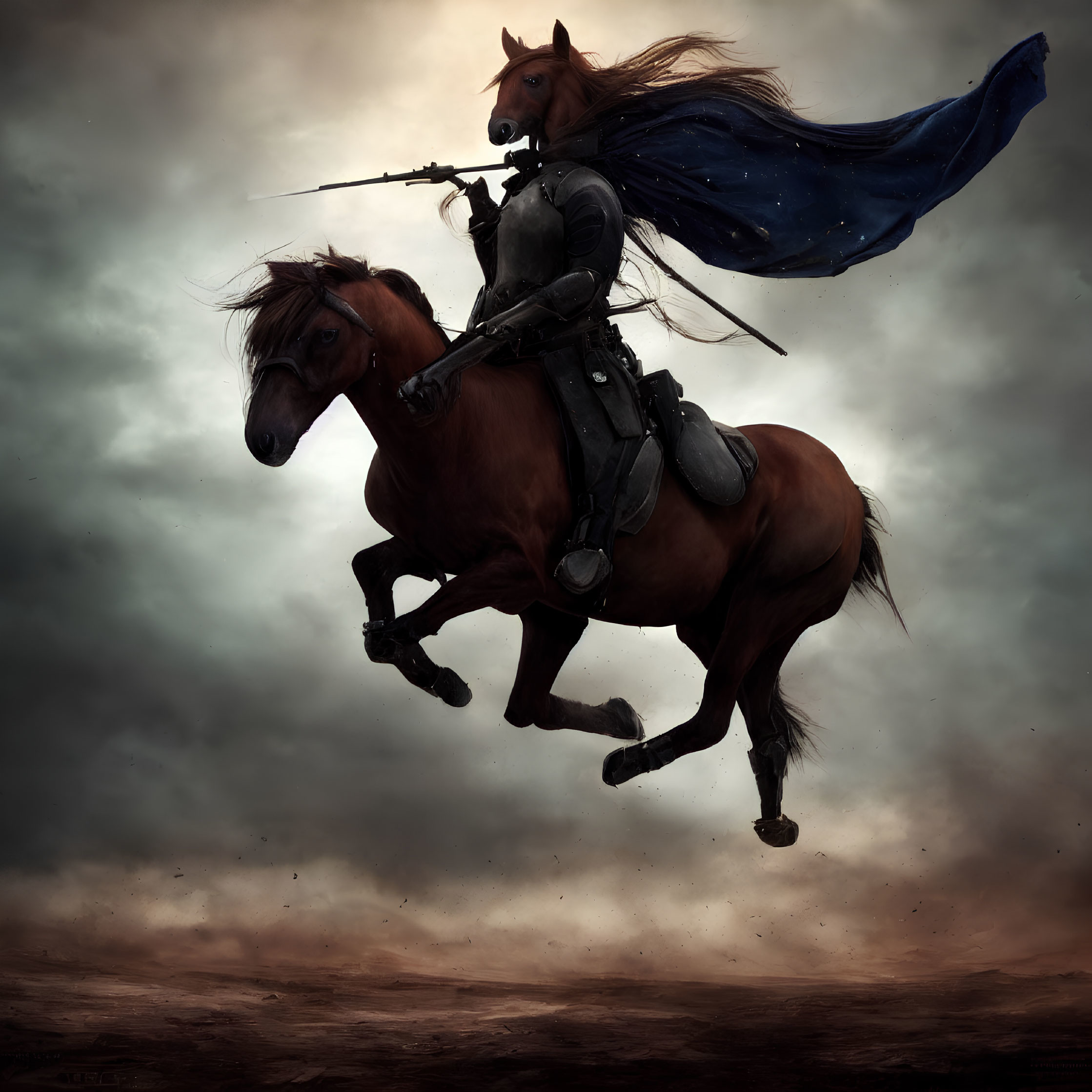 Armored knight on rearing horse with lance under dramatic sky