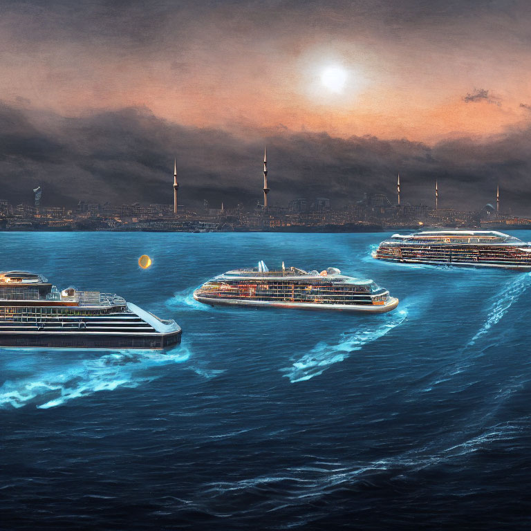 Three futuristic cruise ships on water with cityscape and industrial towers under evening sky.